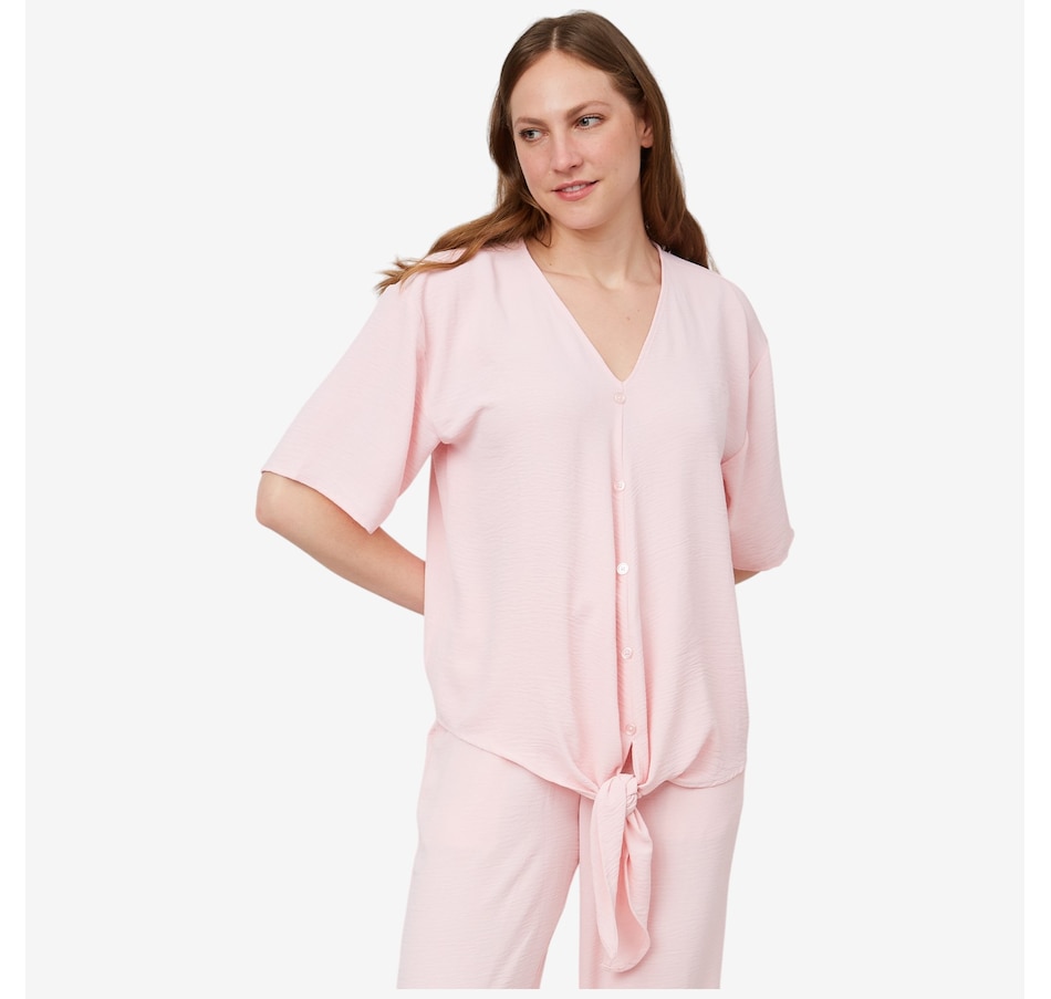 Image 103483_BLSPR.jpg, Product 103-483 / Price $19.33, Nina Leonard 3/4 Sleeve Kimono Tie Front Top in Textured Wave from Nina Leonard on TSC.ca's Fashion department