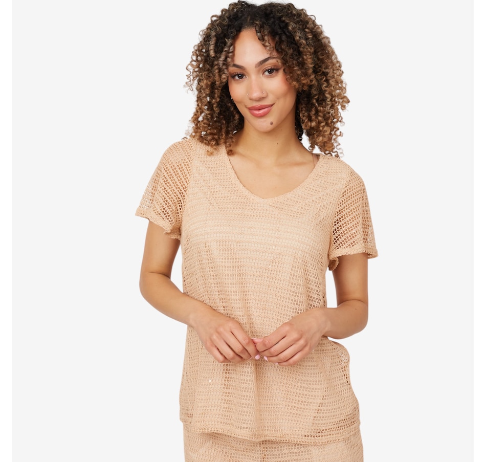 Nina Leonard Flutter Sleeve Novelty Knit Top
