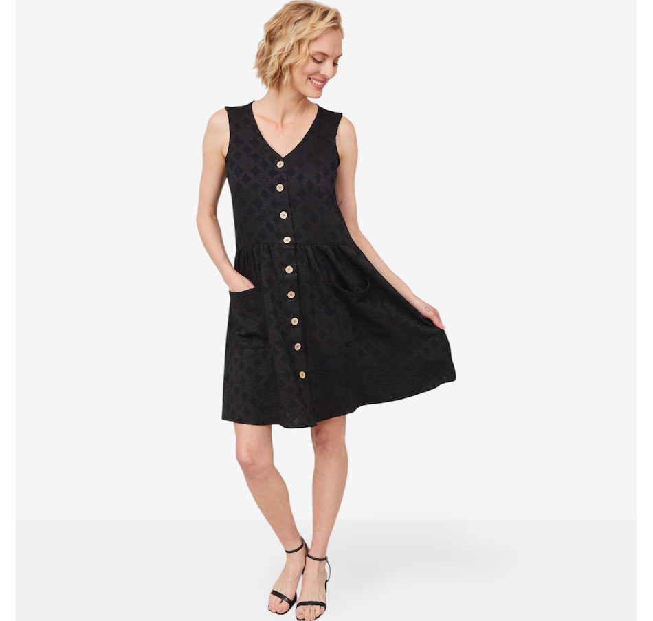 Nina Leonard V-Neck Button Front Dress with Front Pockets