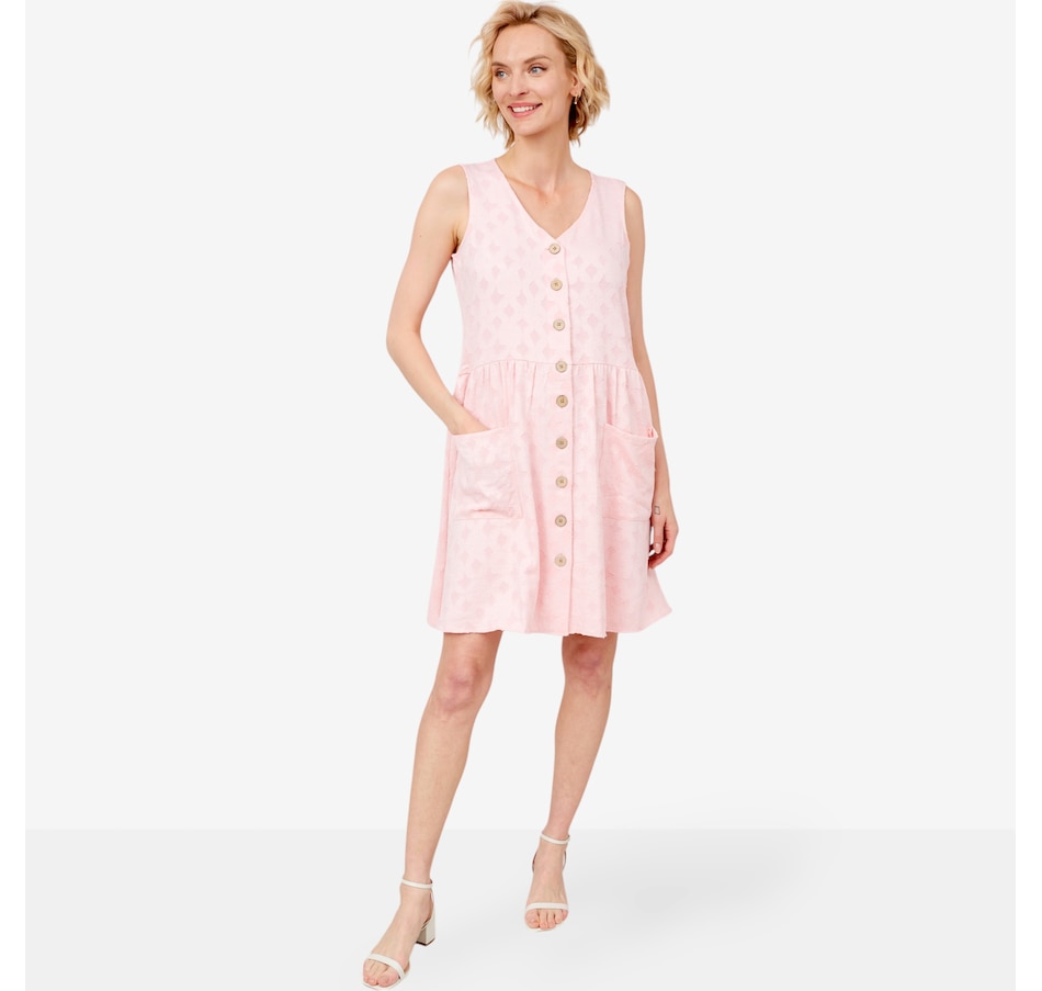 Nina Leonard V-Neck Button Front Dress with Front Pockets