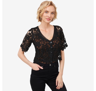 Product 103-510 / Price $59.99 , Nina Leonard Elbow Sleeve Crochet Bolero