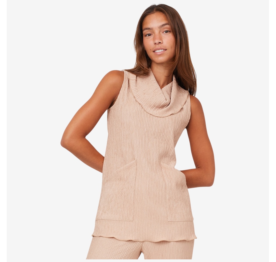 Image 103586_BGE.jpg, Product 103-586 / Price $39.88, Marallis Cowl Neck Crinkle Knit Sleeveless Top with Front Pockets from Marallis on TSC.ca's Fashion department