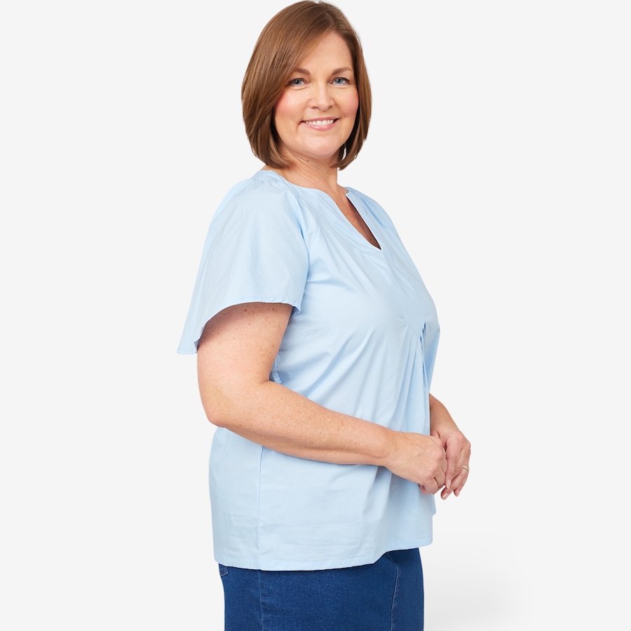 Image 103731_ALTMORE2.jpg, Product 103-731 / Price $29.33, Isaac Mizrahi Split V-Neck Flounce Sleeve Top from Isaac Mizrahi New York on TSC.ca's Fashion department