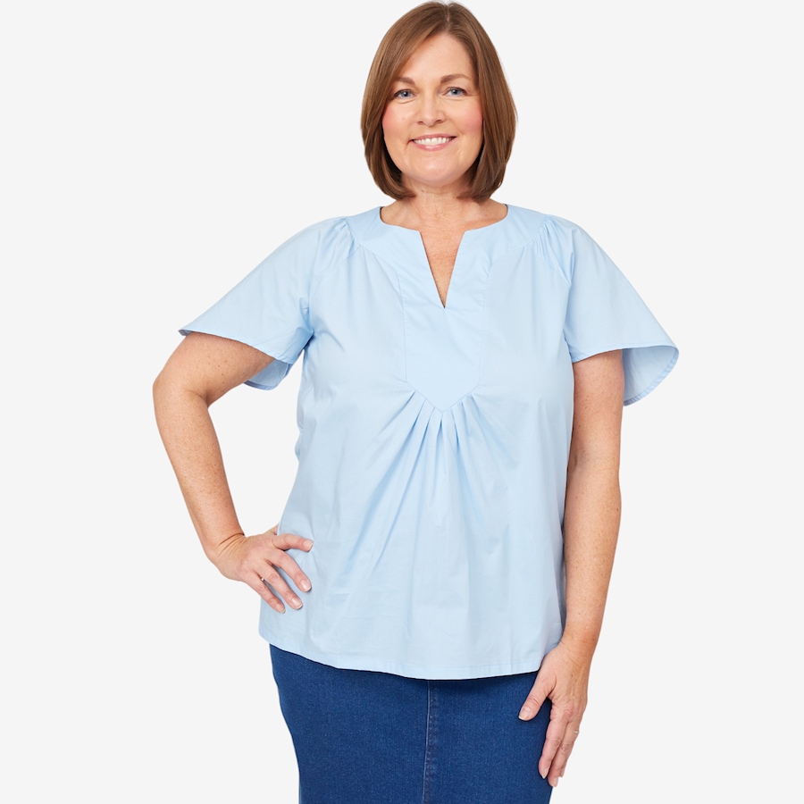 Image 103731_LTB.jpg, Product 103-731 / Price $29.33, Isaac Mizrahi Split V-Neck Flounce Sleeve Top from Isaac Mizrahi New York on TSC.ca's Fashion department