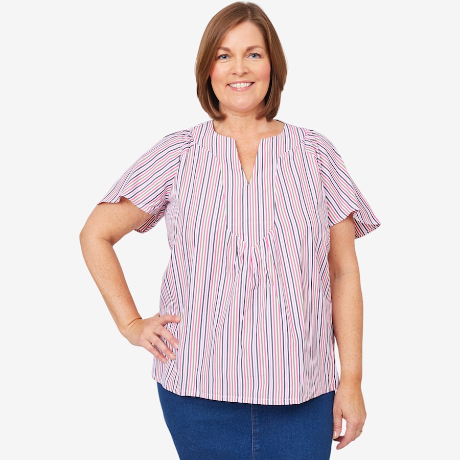 Image 103731_MUST.jpg, Product 103-731 / Price $29.33, Isaac Mizrahi Split V-Neck Flounce Sleeve Top from Isaac Mizrahi New York on TSC.ca's Fashion department