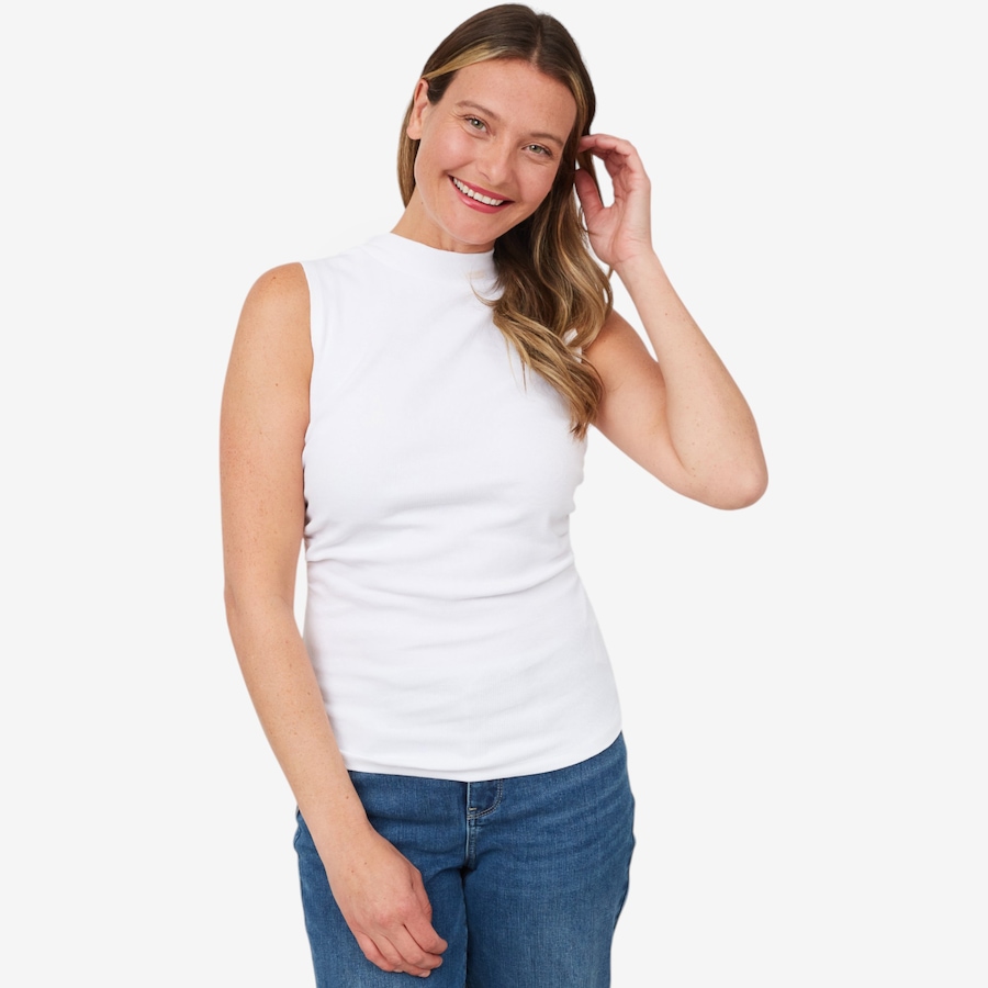 Image 103738_WHT.jpg, Product 103-738 / Price $24.33, Isaac Mizrahi Ruched Sleeveless Cotton Rib Top from Isaac Mizrahi New York on TSC.ca's Fashion department