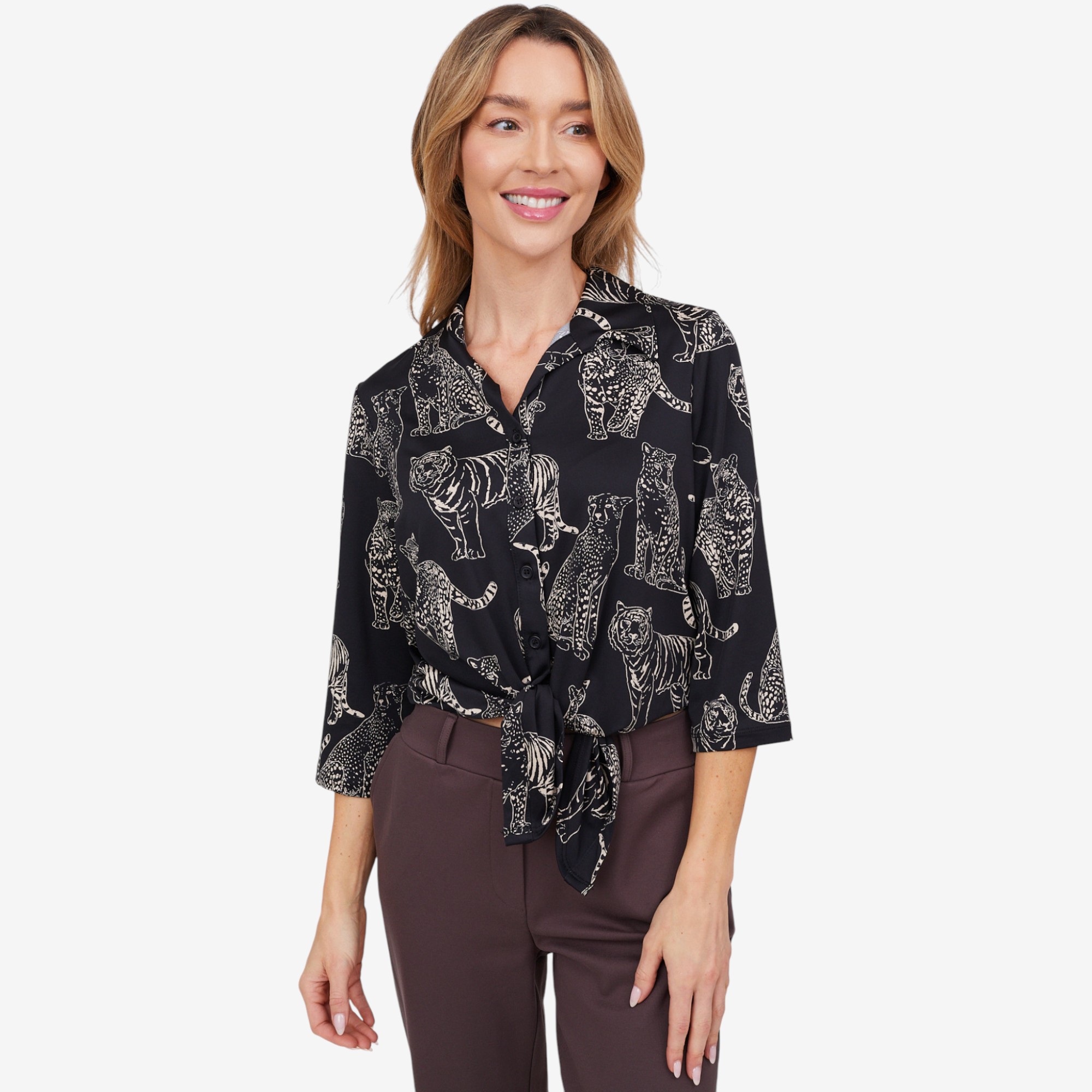 Kim & Co. Brazil Knit 3/4 Sleeve Tie Front Shirt - TSC.ca