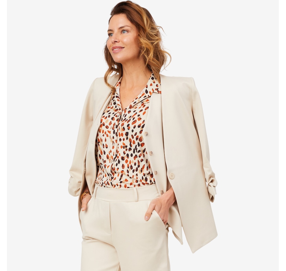Image 103831_ALTMORE1.jpg, Product 103-831 / Price $56.88, Kim & Co. Stretch Ponte Knit 3/4 Ruched Sleeve Blazer from Kim & Co. on TSC.ca's Fashion department