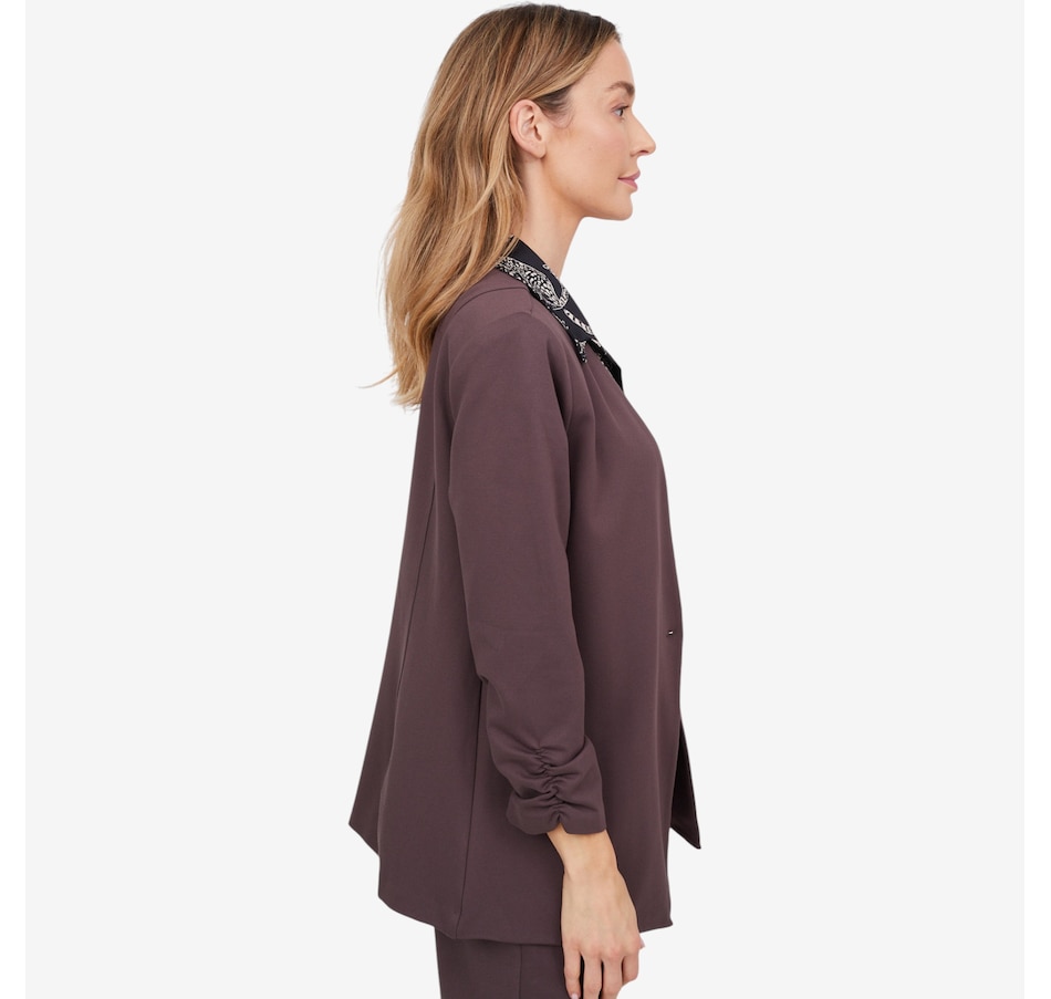 Image 103831_ALTMORE2.jpg, Product 103-831 / Price $56.88, Kim & Co. Stretch Ponte Knit 3/4 Ruched Sleeve Blazer from Kim & Co. on TSC.ca's Fashion department