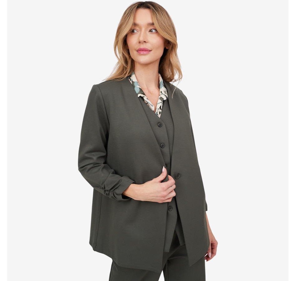Image 103831_ALTMORE4.jpg, Product 103-831 / Price $56.88, Kim & Co. Stretch Ponte Knit 3/4 Ruched Sleeve Blazer from Kim & Co. on TSC.ca's Fashion department