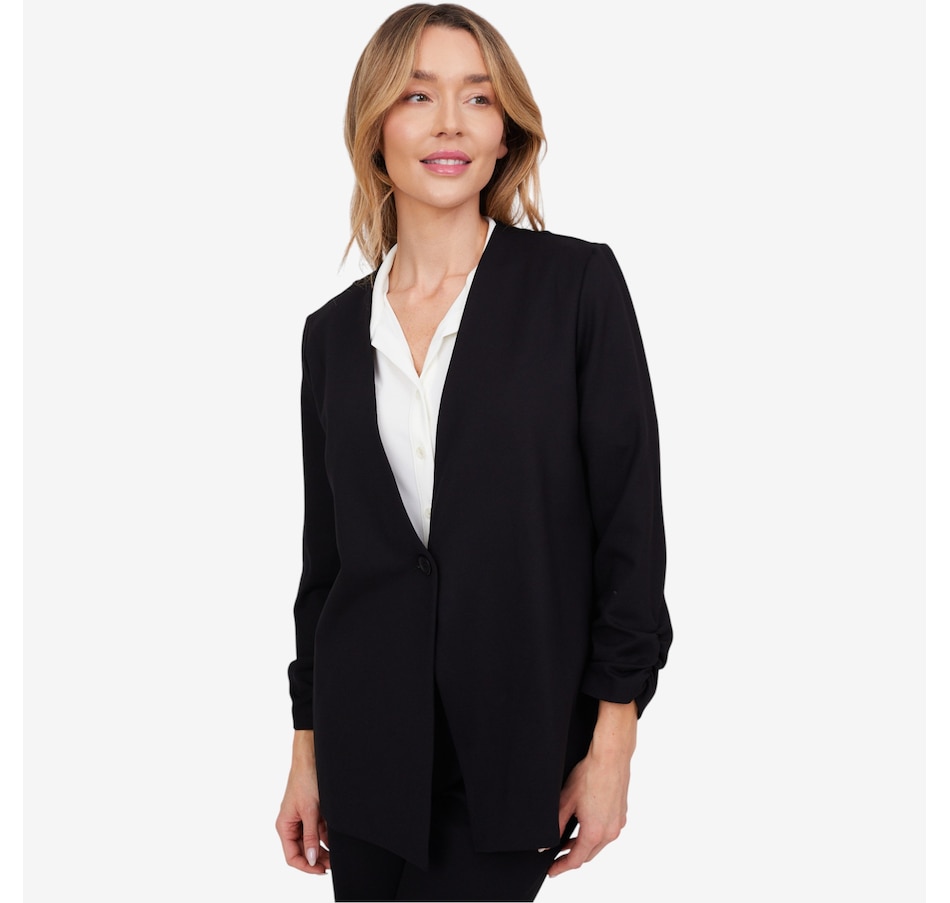 Image 103831_BLK.jpg, Product 103-831 / Price $56.88, Kim & Co. Stretch Ponte Knit 3/4 Ruched Sleeve Blazer from Kim & Co. on TSC.ca's Fashion department