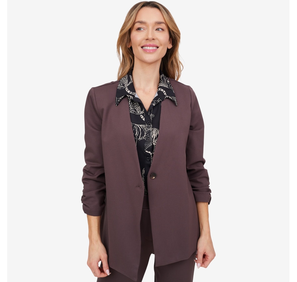 Image 103831_CHBRN.jpg, Product 103-831 / Price $56.88, Kim & Co. Stretch Ponte Knit 3/4 Ruched Sleeve Blazer from Kim & Co. on TSC.ca's Fashion department