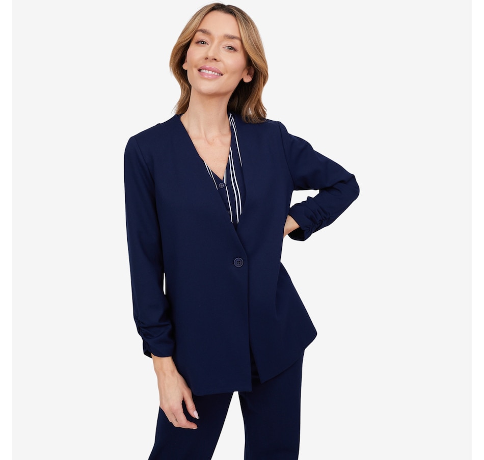 Image 103831_NVY.jpg, Product 103-831 / Price $56.88, Kim & Co. Stretch Ponte Knit 3/4 Ruched Sleeve Blazer from Kim & Co. on TSC.ca's Fashion department