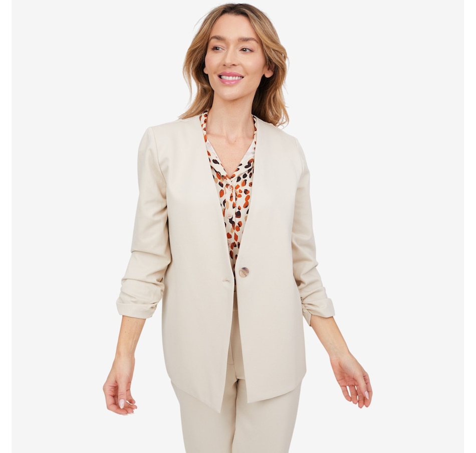 Image 103831_SAN.jpg, Product 103-831 / Price $56.88, Kim & Co. Stretch Ponte Knit 3/4 Ruched Sleeve Blazer from Kim & Co. on TSC.ca's Fashion department