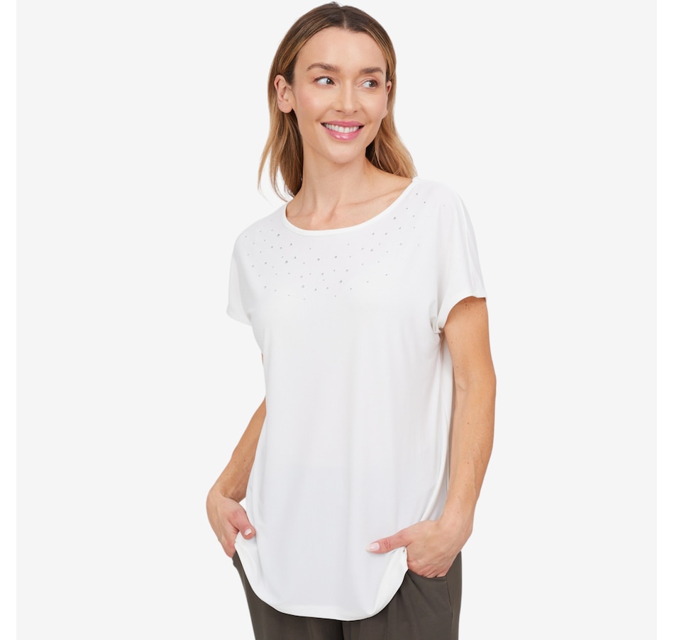 Image 103833_ECR.jpg, Product 103-833 / Price $39.88, Kim & Co. Deluxe Brazil Knit Short Sleeve Dolman Sleeve Rhinestone Top from Kim & Co. on TSC.ca's Fashion department