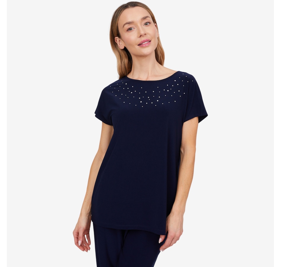 Image 103833_NVY.jpg, Product 103-833 / Price $39.88, Kim & Co. Deluxe Brazil Knit Short Sleeve Dolman Sleeve Rhinestone Top from Kim & Co. on TSC.ca's Fashion department