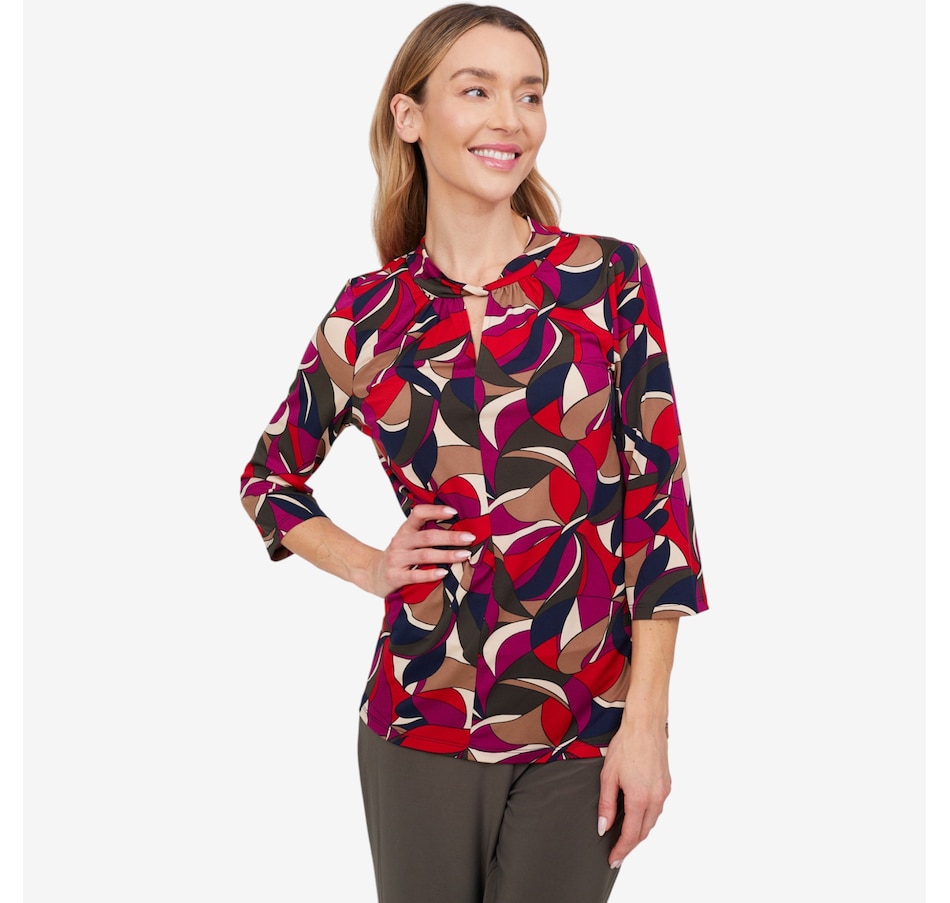 Image 103848_MTI.jpg, Product 103-848 / Price $39.88, Kim & Co. Printed Brazil Knit 3/4 Sleeve Twist Neckline Keyhole Top from Kim & Co. on TSC.ca's Fashion department