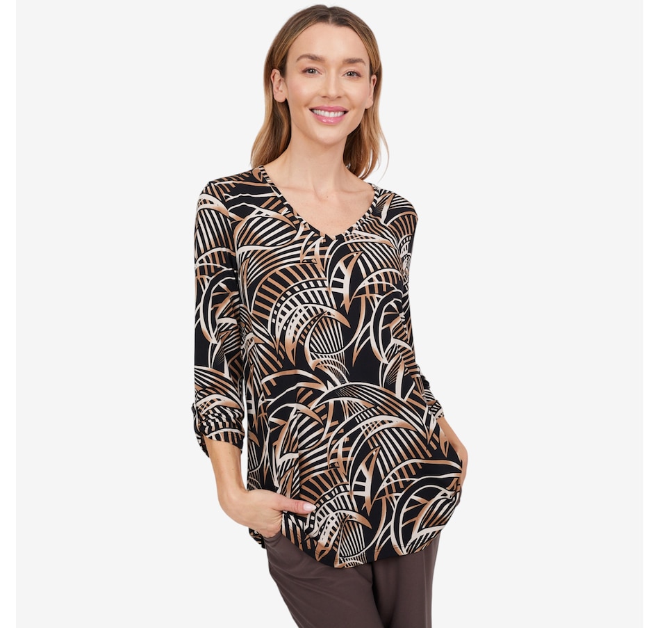 Image 103851_BKMU.jpg, Product 103-851 / Price $39.88, Kim & Co. Printed Brazil Knit 3/4 Sleeve Tunic with Roll Up Tab Sleeve Detail from Kim & Co. on TSC.ca's Fashion department