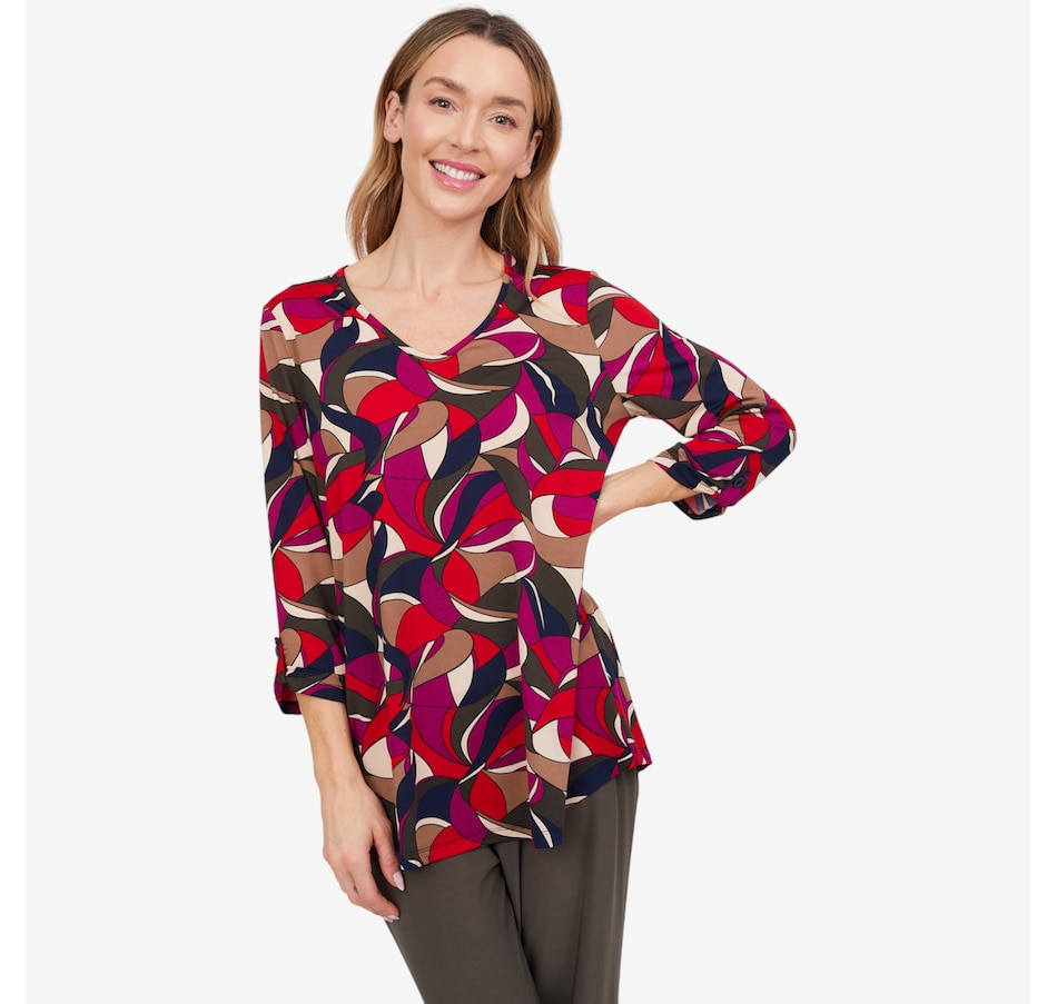 Image 103851_MTI.jpg, Product 103-851 / Price $39.88, Kim & Co. Printed Brazil Knit 3/4 Sleeve Tunic with Roll Up Tab Sleeve Detail from Kim & Co. on TSC.ca's Fashion department