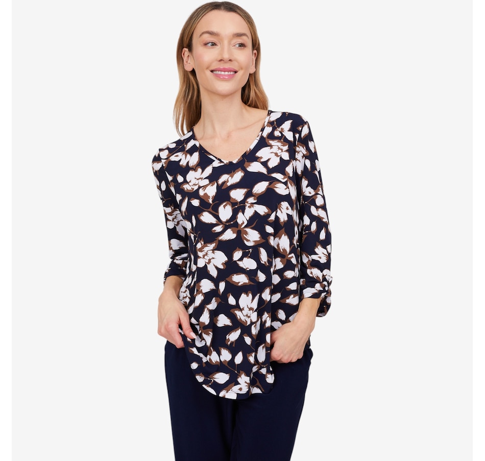 Image 103851_NVF.jpg, Product 103-851 / Price $39.88, Kim & Co. Printed Brazil Knit 3/4 Sleeve Tunic with Roll Up Tab Sleeve Detail from Kim & Co. on TSC.ca's Fashion department