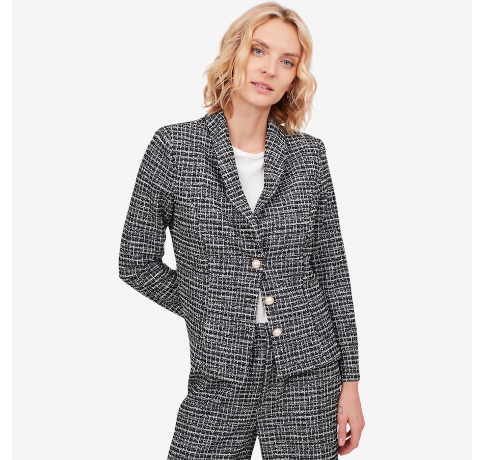 Image 103854_BKMU.jpg, Product 103-854 / Price $59.88, Kim & Co. Mini Plaid Boucle Knit Long Sleeve Jacket from Kim & Co. on TSC.ca's Fashion department