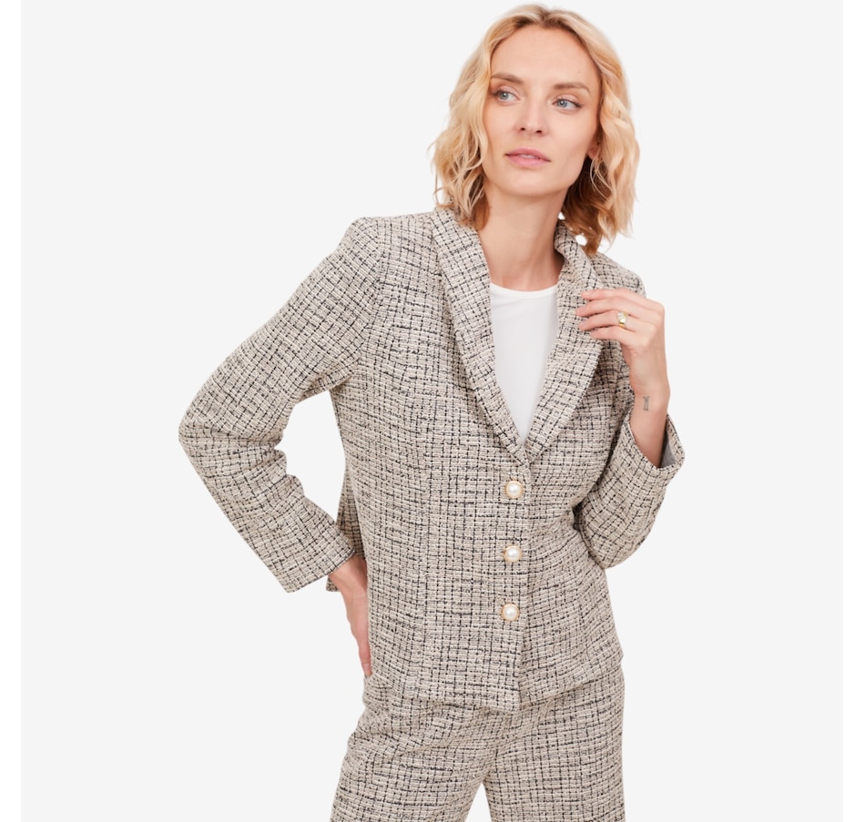 Image 103854_ECRUM.jpg, Product 103-854 / Price $59.88, Kim & Co. Mini Plaid Boucle Knit Long Sleeve Jacket from Kim & Co. on TSC.ca's Fashion department