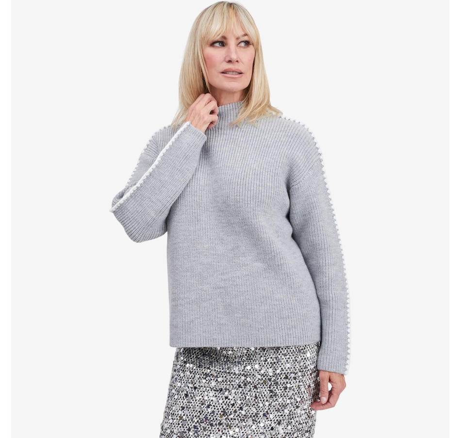 Image 104049_GRY.jpg, Product 104-049 / Price $160.00, Brian Bailey Knit Mockneck Top with Contrast Crochet Sleeve Detail from Brian Bailey on TSC.ca's Fashion department