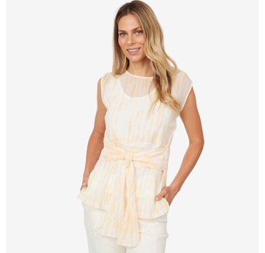 Jhoan Sebastian Grey Printed Chiffon Self Sash Sleeveless Top