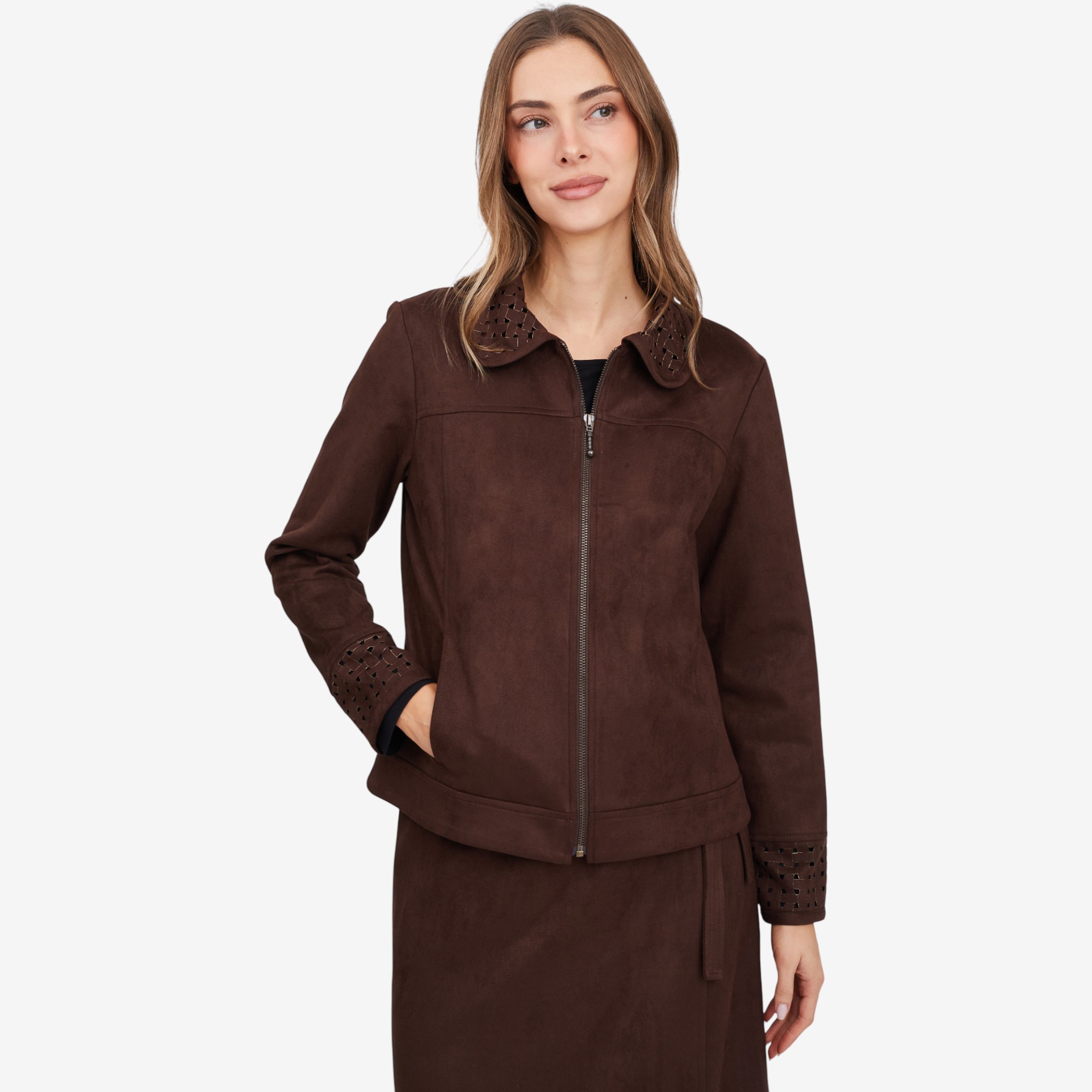 Mr. Max Stretch Faux Suede Zip Front Jacket with Lattice Cut-Out