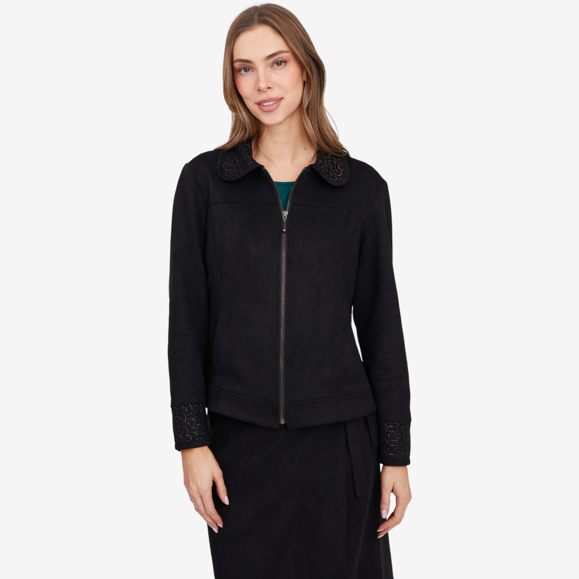 Mr. Max Stretch Faux Suede Zip Front Jacket with Lattice Cut-Out