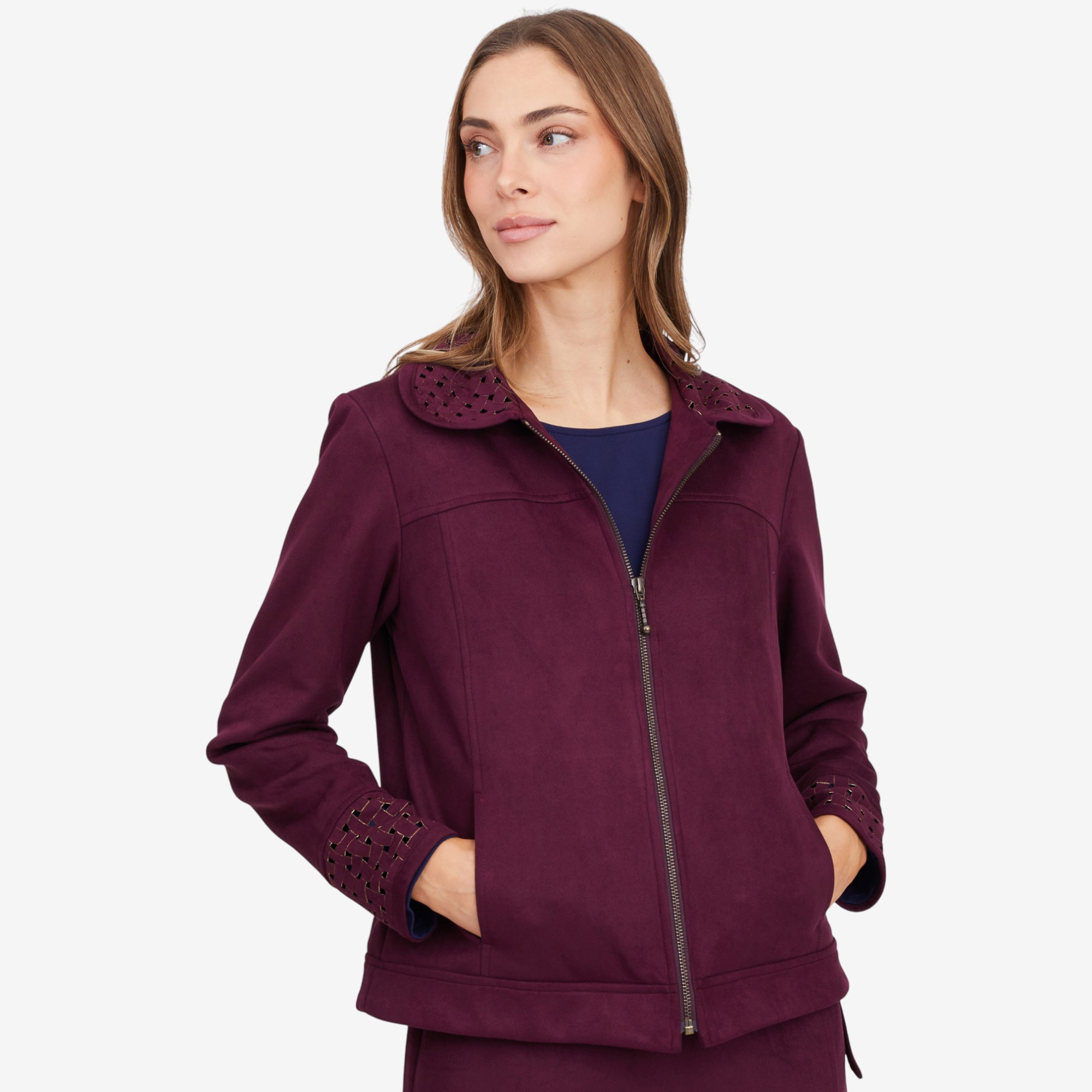 Mr. Max Stretch Faux Suede Zip Front Jacket with Lattice Cut-Out