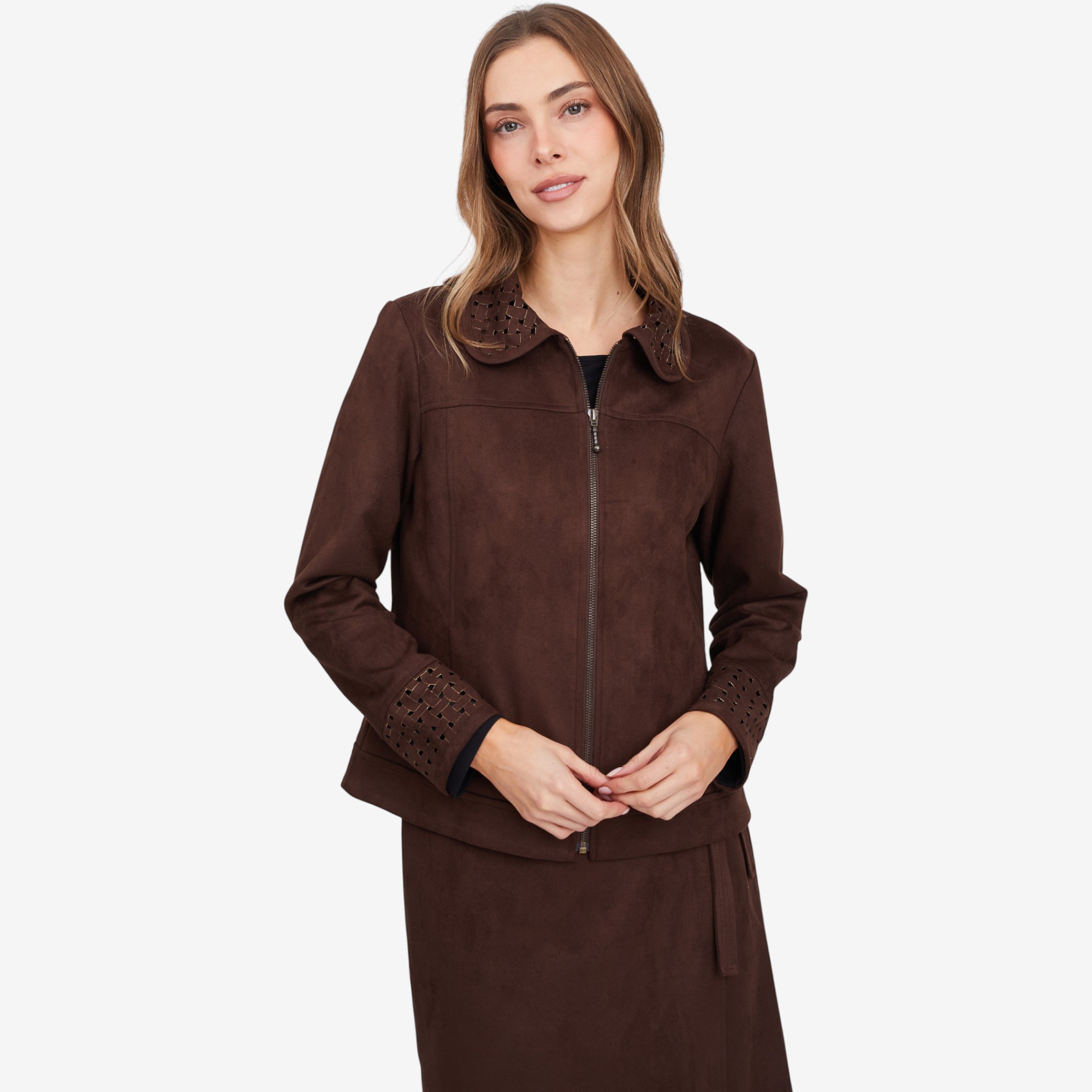 Mr. Max Stretch Faux Suede Zip Front Jacket with Lattice Cut-Out