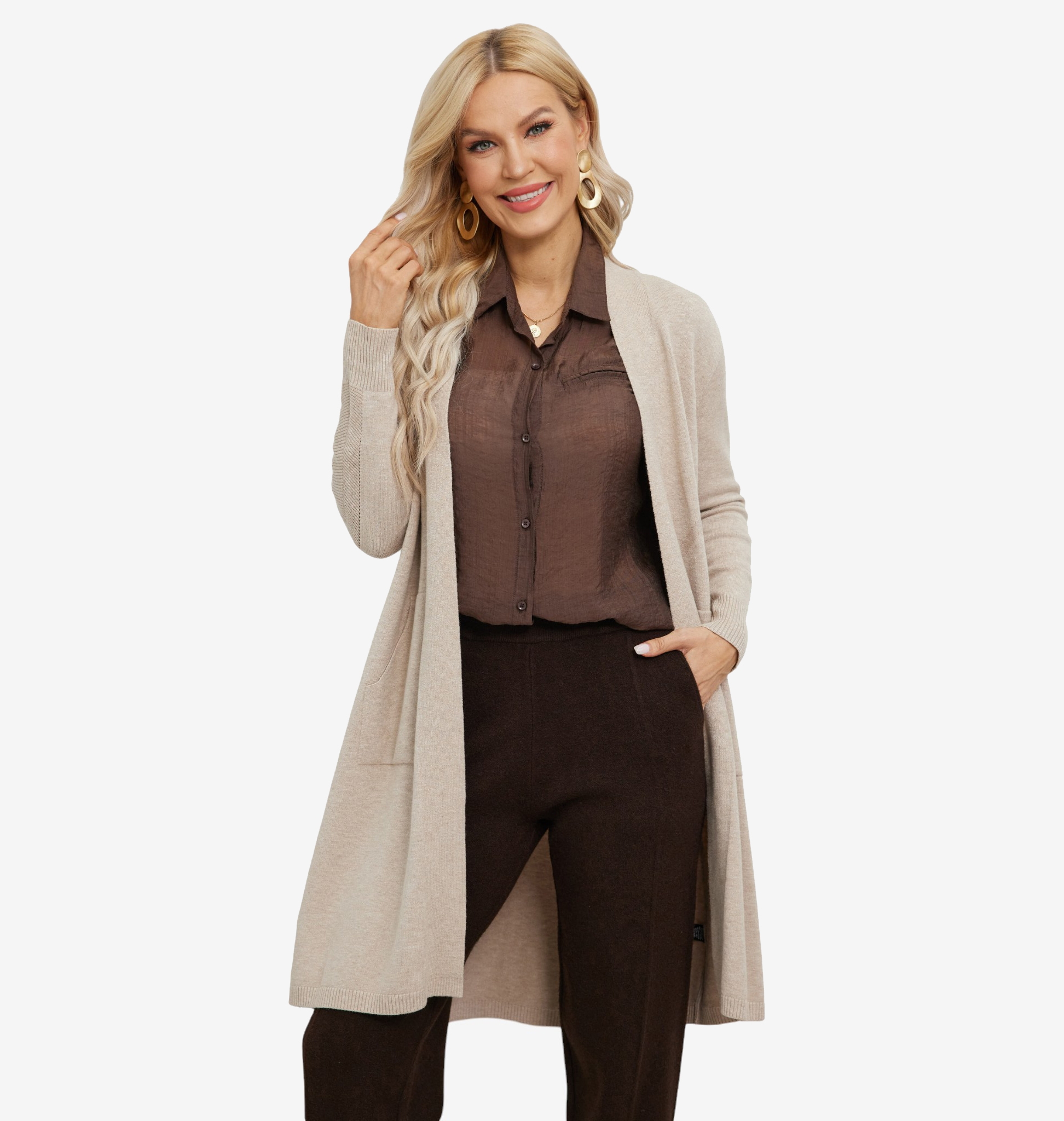 Orange Fashion Village Long Cardigan with Front Patch Pockets - TSC.ca
