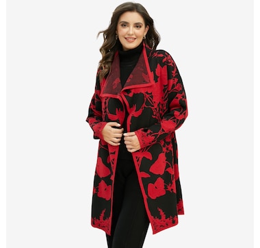 Orange Fashion Village Two-Tone Abstract Floral Jacquard Design Coat