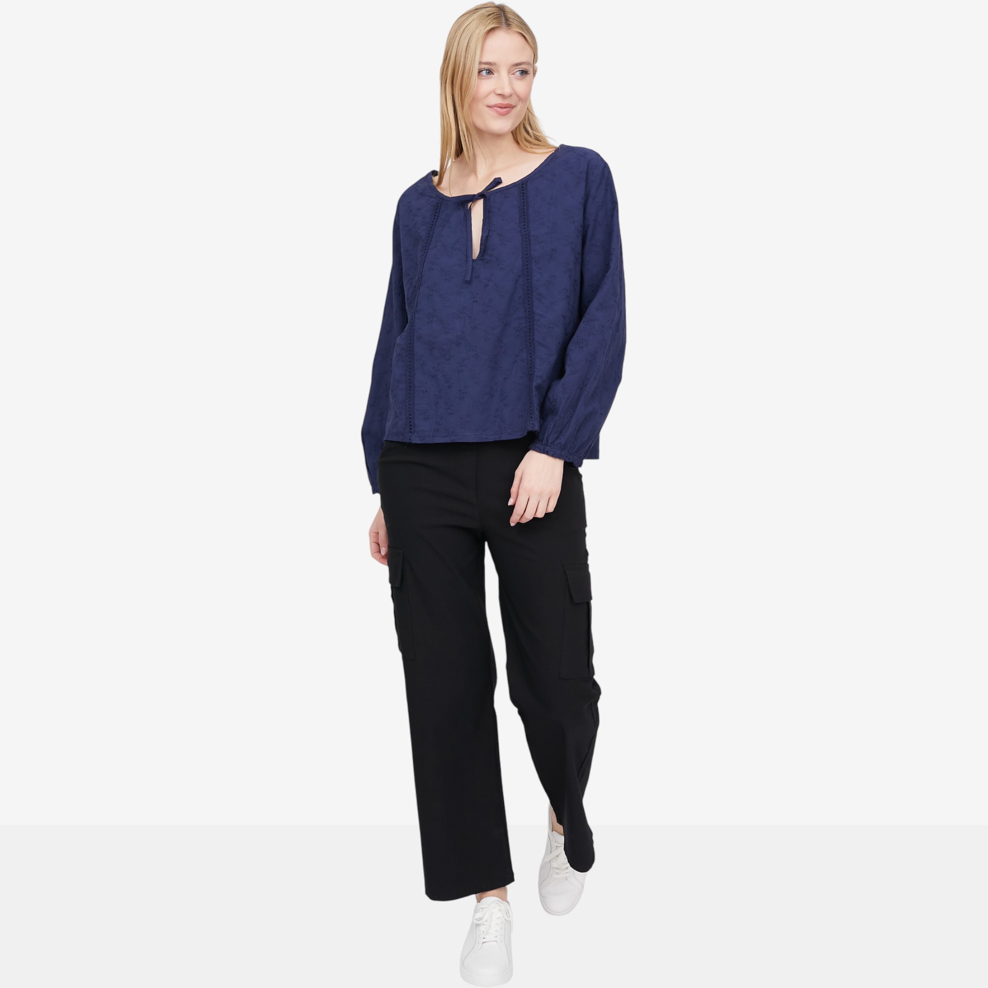M Made in Italy Eyelet Long Sleeve Blouse with Neck Tie Detail