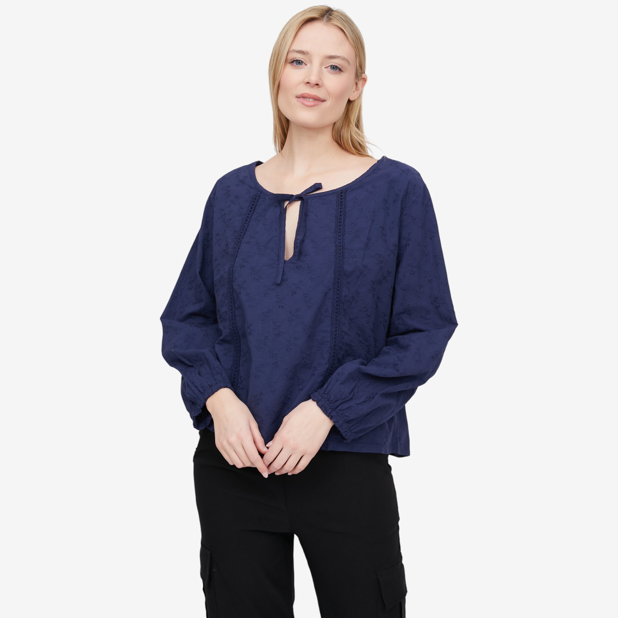 M Made in Italy Eyelet Long Sleeve Blouse with Neck Tie Detail