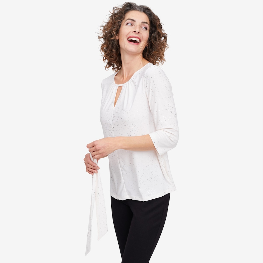 Image 104691_ALTMORE4.jpg, Product 104-691 / Price $19.33, Kim & Co. Foil Brazil Knit 3/4 Sleeve Keyhole Top with Bonus Tie/Bandana from Kim & Co. on TSC.ca's Fashion department