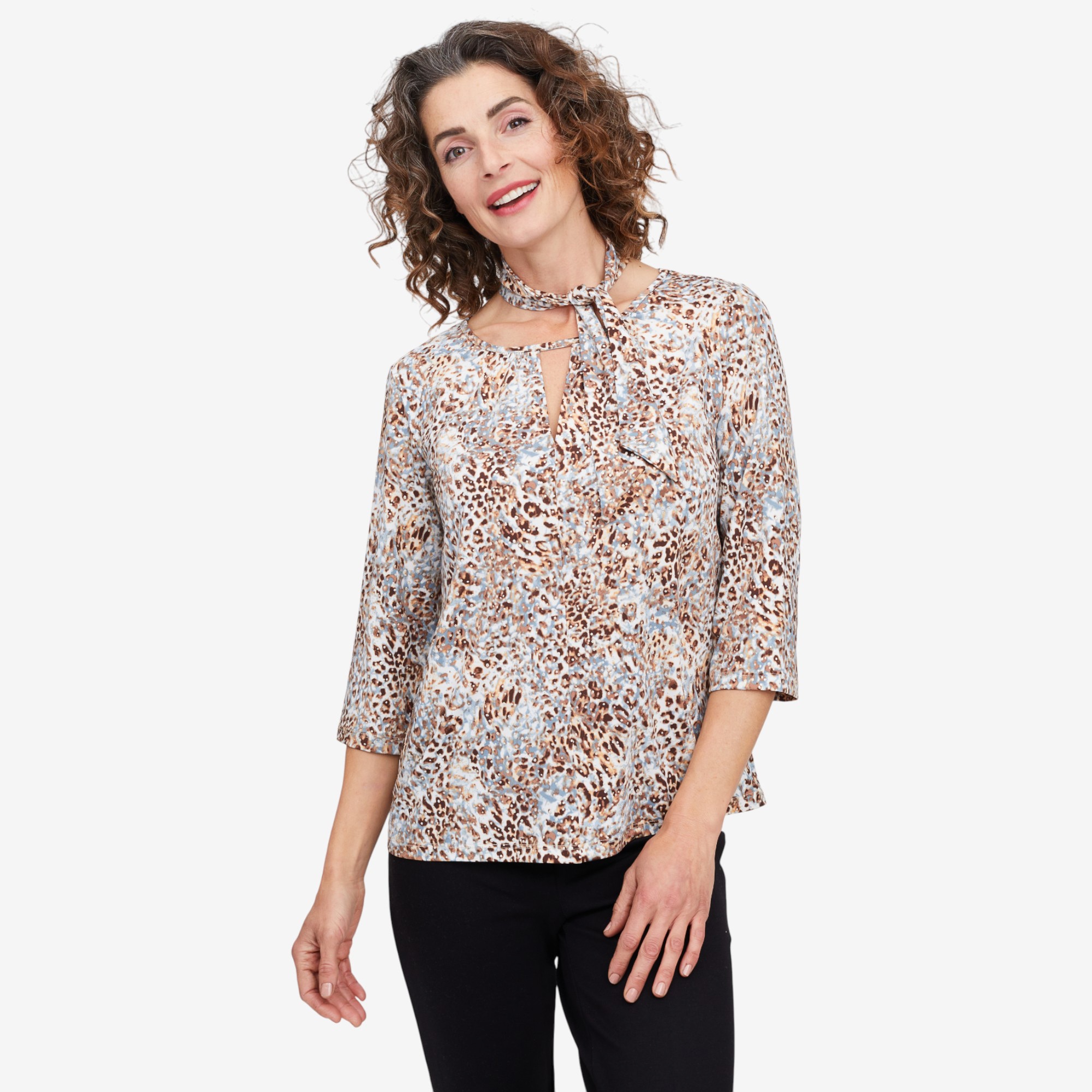 Kim & Co. Foil Brazil Knit 3/4 Sleeve Keyhole Top with Bonus Tie