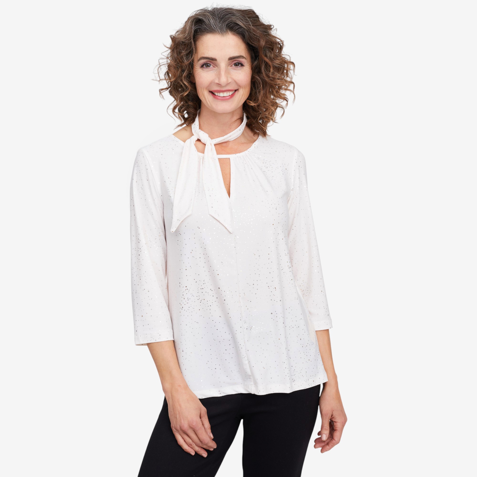 Kim & Co. Foil Brazil Knit 3/4 Sleeve Keyhole Top with Bonus Tie