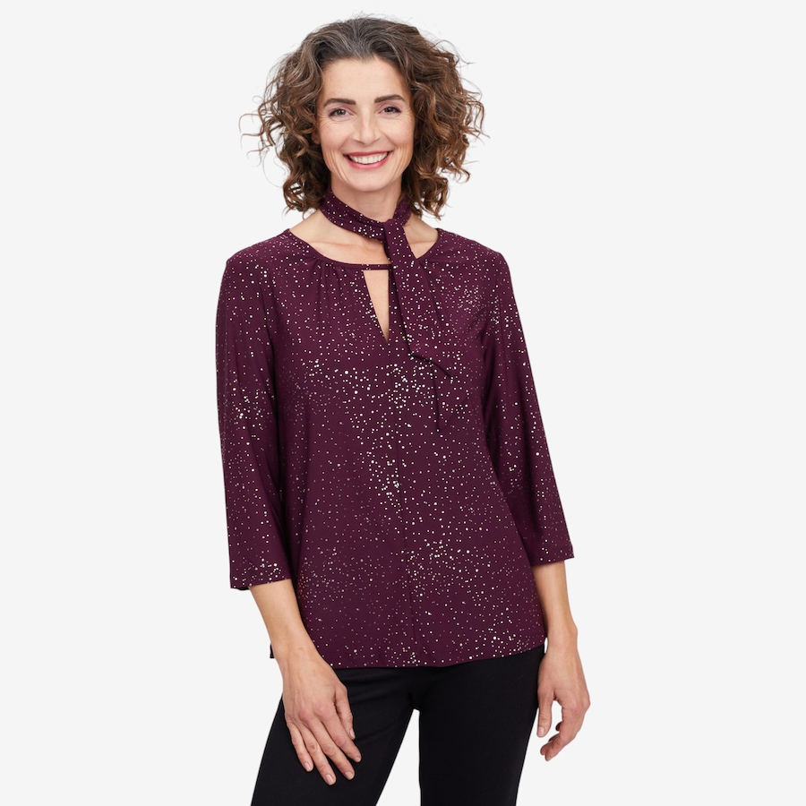 Image 104691_WIN.jpg, Product 104-691 / Price $19.33, Kim & Co. Foil Brazil Knit 3/4 Sleeve Keyhole Top with Bonus Tie/Bandana from Kim & Co. on TSC.ca's Fashion department