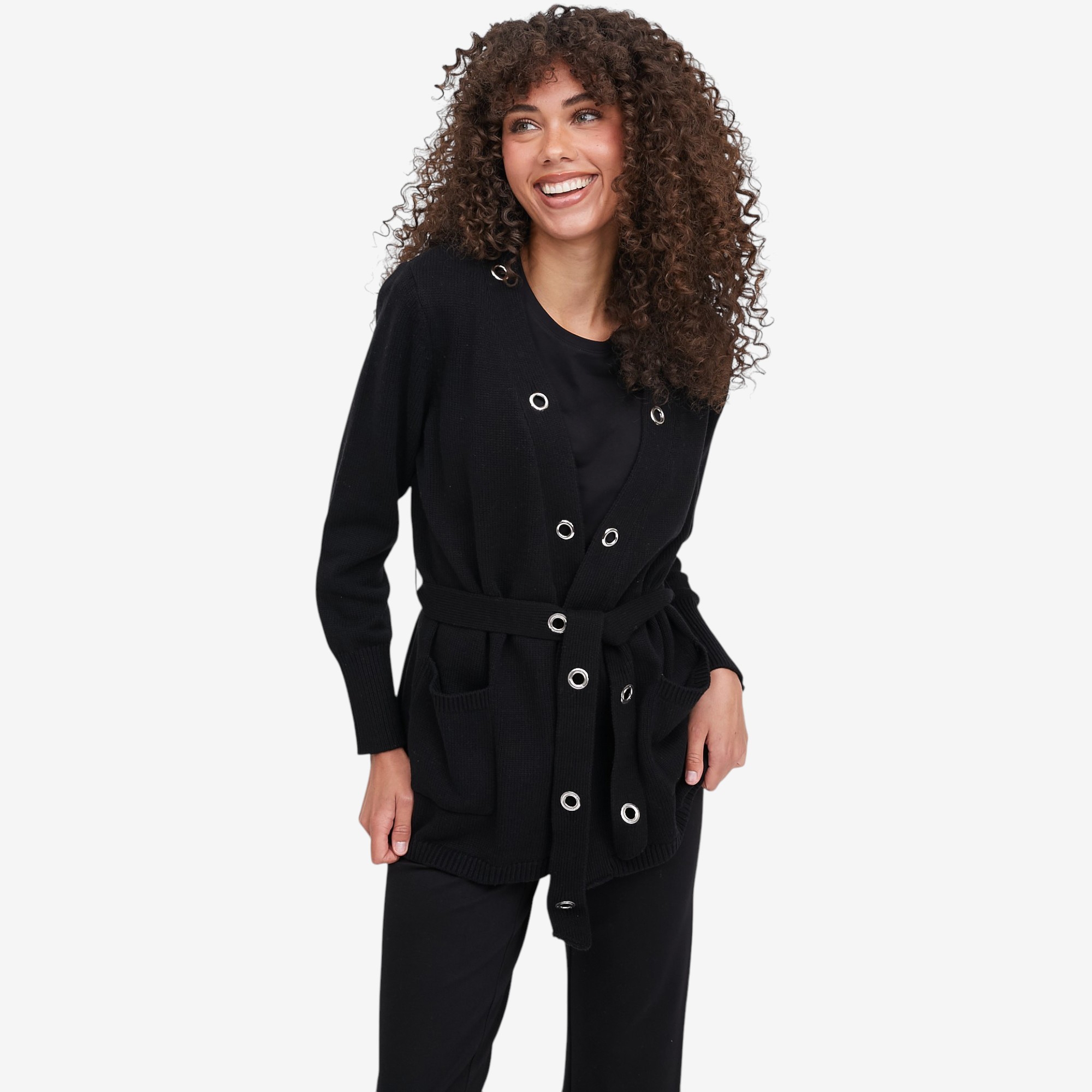 Jhoan Sebastian Grey Spring Grommet Cardigan with Belt - TSC.ca