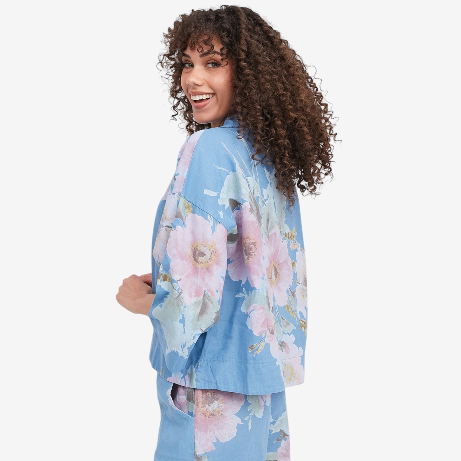 M Made In Italy Floral V-Neck Top with Shirt Collar and 3/4 Length