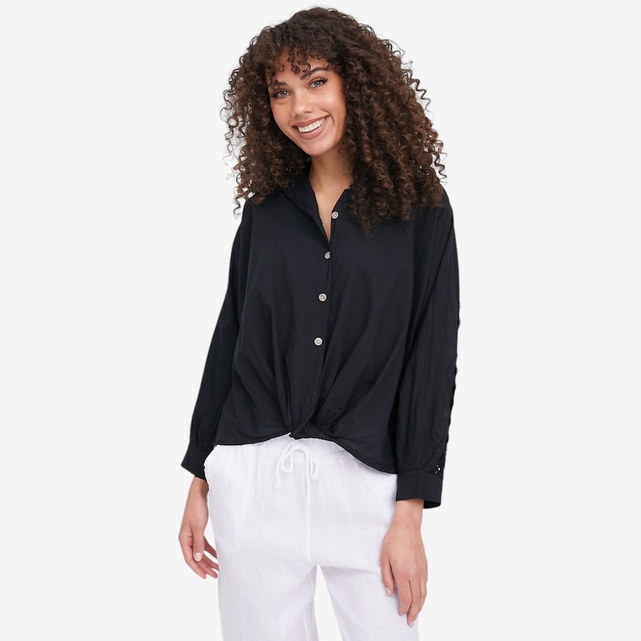 Image 104806_BLK.jpg, Product 104-806 / Price $64.88, M Made In Italy Button Down Shirt with Twisted Front Hemline and Crochet Back Detail from M Made in Italy on TSC.ca's Fashion department