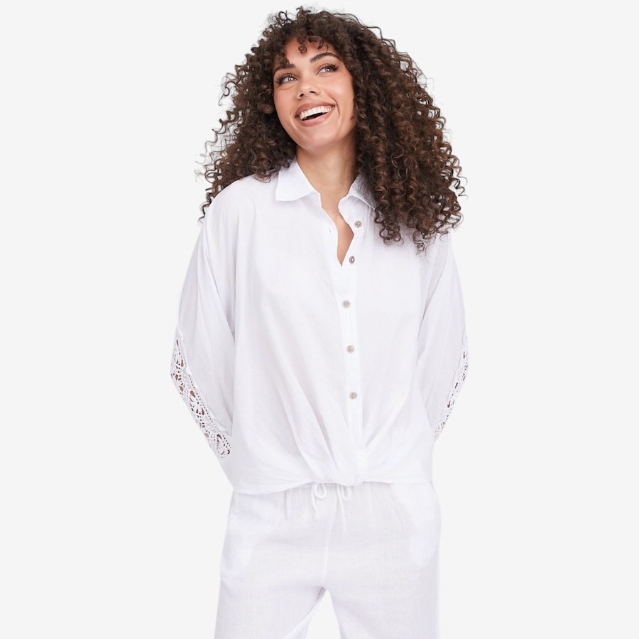 Image 104806_WHT.jpg, Product 104-806 / Price $64.88, M Made In Italy Button Down Shirt with Twisted Front Hemline and Crochet Back Detail from M Made in Italy on TSC.ca's Fashion department