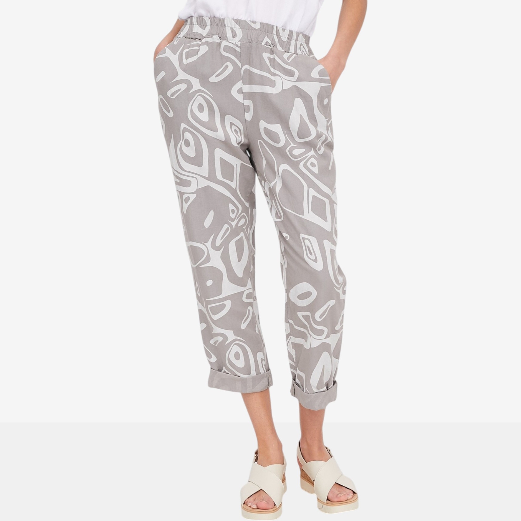 M Made In Italy Printed Pull-On Pant with Tapered Leg and Side