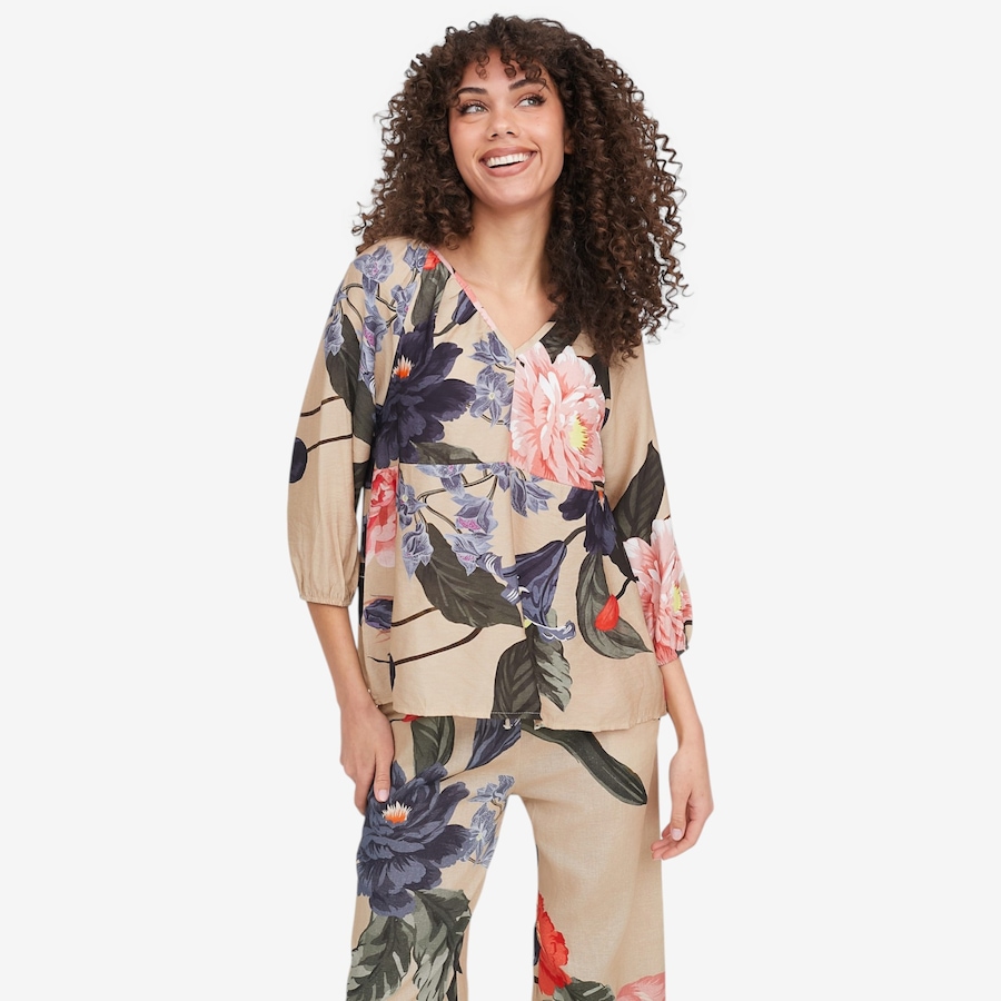 Image 104813_OATBM.jpg, Product 104-813 / Price $39.88, M Made In Italy Floral Print V-Neck Top with 3/4 Length Puff Sleeves from M Made in Italy on TSC.ca's Fashion department