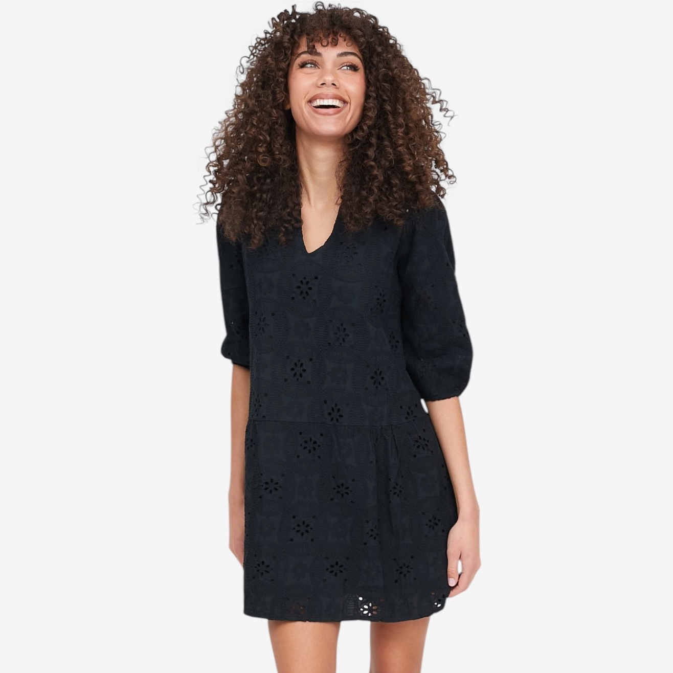 M Made In Italy Embroidered V-Neck Dress with 3/4 Length Puff