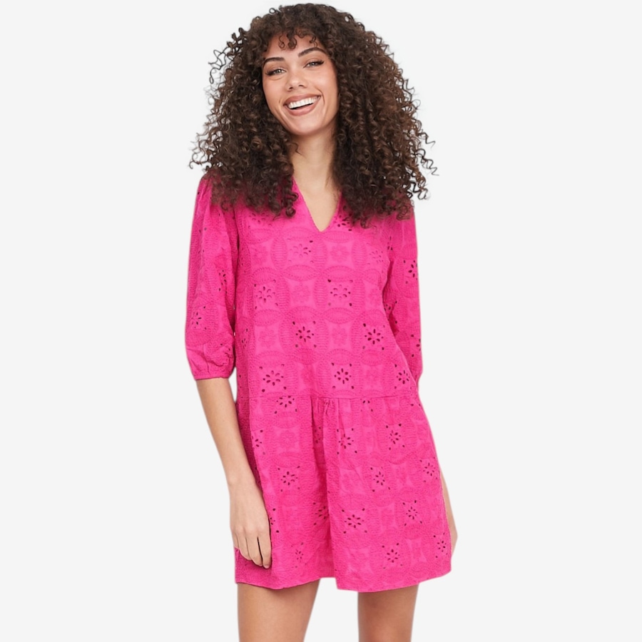 Image 104817_HIBI.jpg, Product 104-817 / Price $49.88, M Made In Italy Embroidered V-Neck Dress with 3/4 Length Puff Sleeves from M Made in Italy on TSC.ca's Fashion department