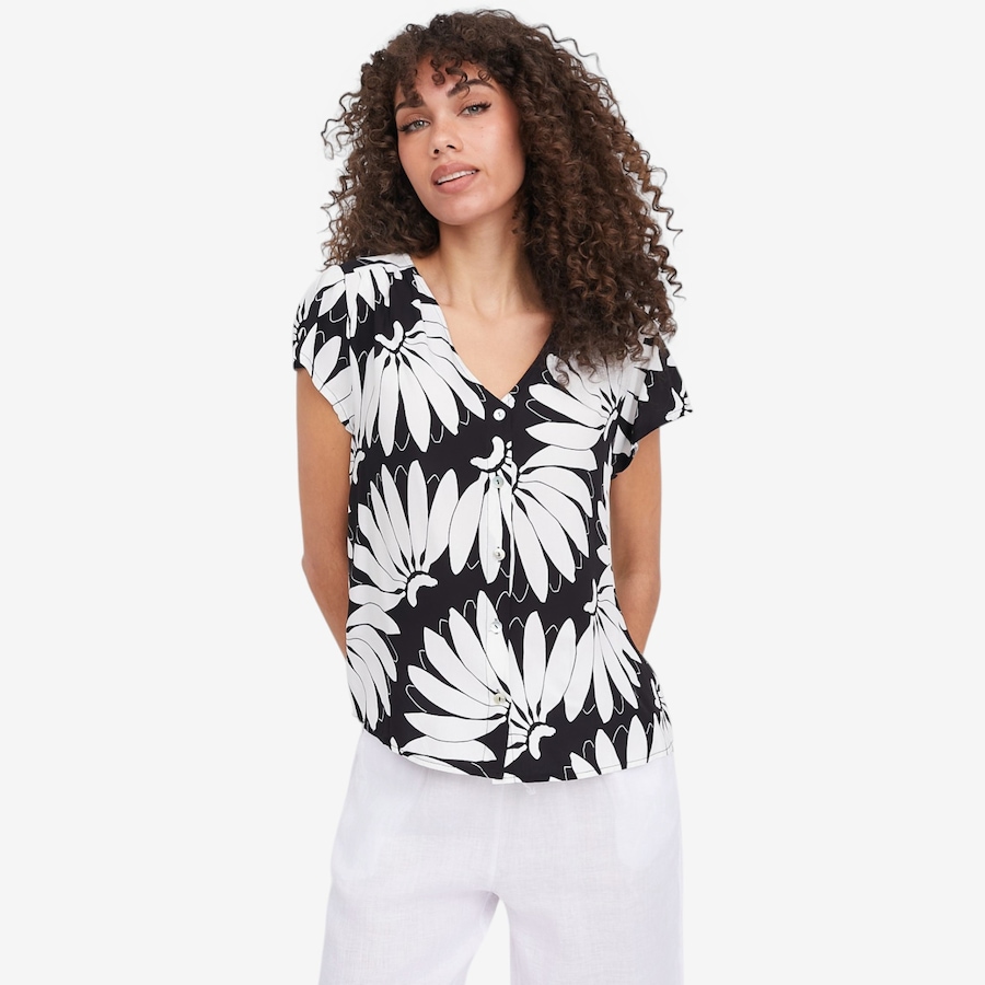 Image 104818_BLK.jpg, Product 104-818 / Price $44.88, M Made In Italy Printed V-Neck Button Down Shirt with Flutter Cap Sleeves from M Made in Italy on TSC.ca's Fashion department