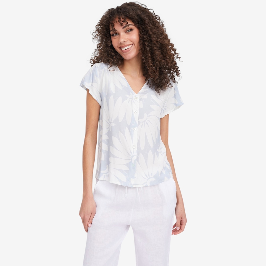 Image 104818_SKY.jpg, Product 104-818 / Price $44.88, M Made In Italy Printed V-Neck Button Down Shirt with Flutter Cap Sleeves from M Made in Italy on TSC.ca's Fashion department